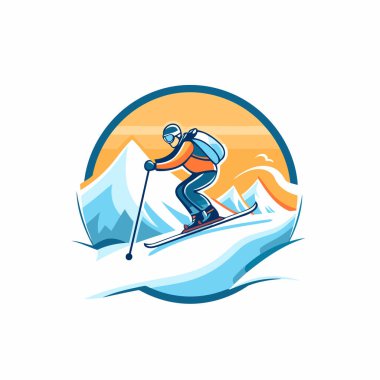 Dağlarda kayak yapmak. Dağlarda kayak yapan bir kayakçının vektör çizimi.