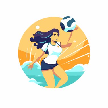 Spor giyimli voleybol oyuncusu kadın top ile. Düz vektör illüstrasyonu.