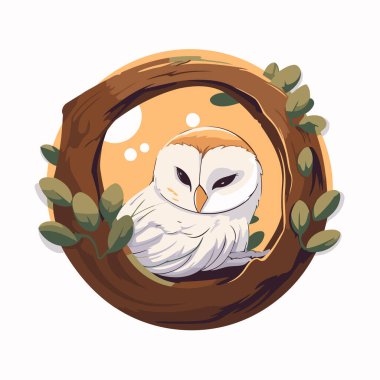 Baykuş ağacın boşluğunda oturuyordu. Vektör illüstrasyonu.