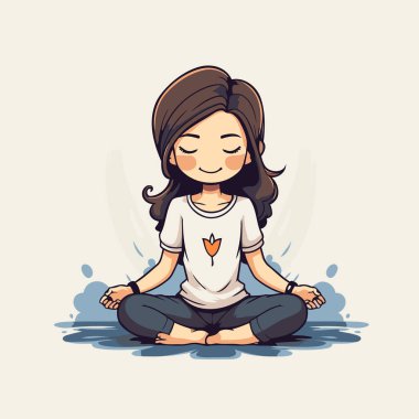 Lotus pozisyonunda meditasyon yapan genç bir kadının vektör çizimi.