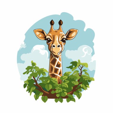 Ormandaki zürafa. Çizgi film vektör çizimi beyaz arkaplanda izole edildi.