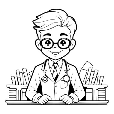 Steteskoplu ve kitaplı doktor çizgi film ikonu vektör illüstrasyon grafik tasarımı