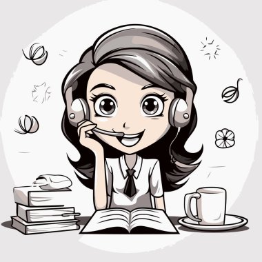 Elinde kitap ve bir fincan kahve olan genç bir kızın resmi.