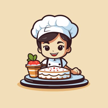 Pasta karikatürü çizimi olan sevimli aşçı çocuk. Sevimli küçük aşçı çocuk çizgi film karakteri.