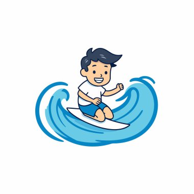 Dalgada sörf yapan bir çocuk. Çizgi film tarzında vektör illüstrasyonu.