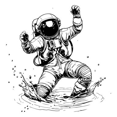 Sudaki astronot. Vektör çizimi. El çizimi. skeç