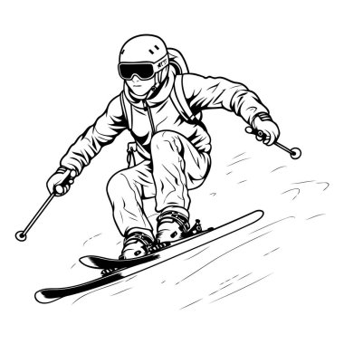 Kayaklara atlayan bir snowboardcu. siyah ve beyaz vektör çizimi