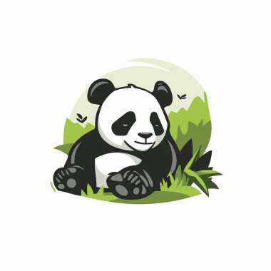 Çimlerin üzerinde oturan sevimli panda. Beyaz arkaplanda vektör illüstrasyonu.