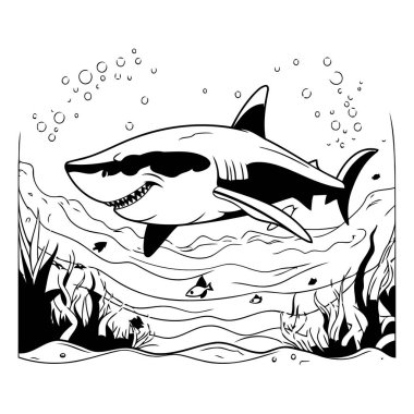 Denizde köpekbalığı. Vektör çizimi. siyah ve beyaz.