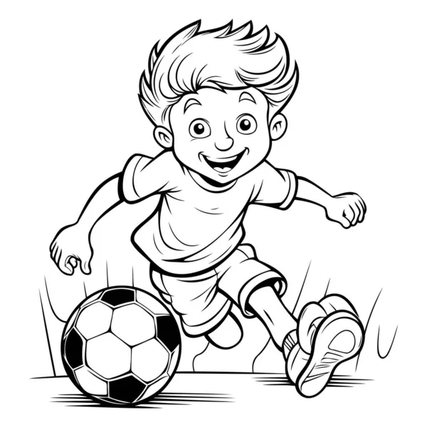 Mały Chłopiec Gra Piłkę Nożną Czarno Białe Ilustracja Kreskówek Wektor — Wektor stockowy