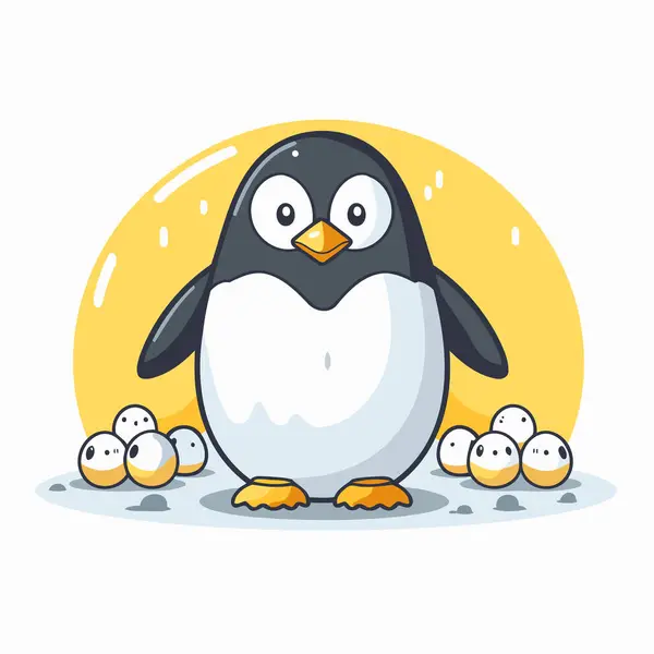Netter Pinguin Mit Küken Vektorillustration Cartoon Stil — Stockvektor