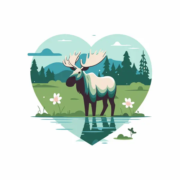Vector Illustration Moose Heart Shape Lake — Stock Vector