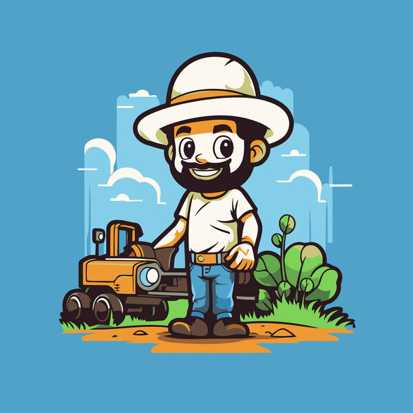 Farmer cartoon character with tractor. Vector illustration of a farmer.