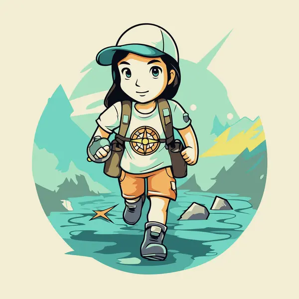 stock vector Cartoon girl hiker with backpack and compass. Vector illustration.