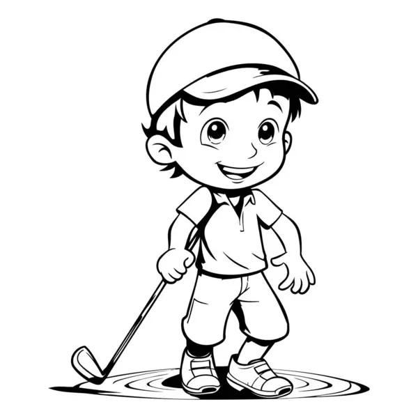 Little Boy Playing Golf Black White Cartoon Illustration Vector — Stock Vector