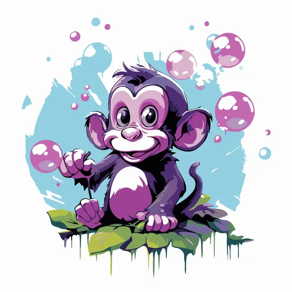 Ilustracja Uroczej Małpy Białym Tle Bąbelkami — Wektor stockowy
