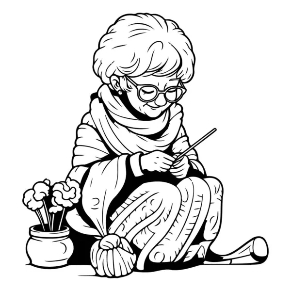 高齢女性編み カラーブックのための黒と白のベクトルイラスト — ストックベクタ