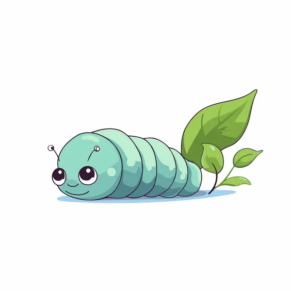 Cute Cartoon Caterpillar Green Leaf Vector Illustration Isolated White Background — Stock Vector