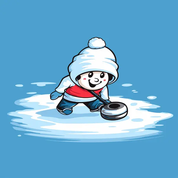 Kışın Buz Hokeyi Oynayan Şirin Bir Çocuk Vektör Illüstrasyonu — Stok Vektör