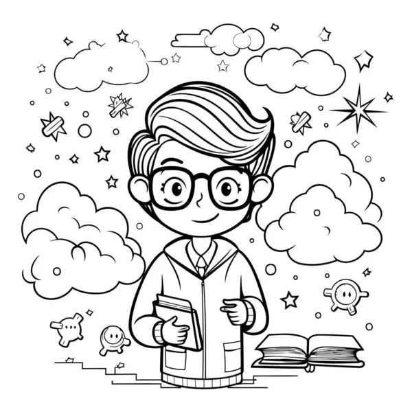 Çocuklar için boyama kitabı: gözlüklü çocuk elinde bir kitap tutuyor.