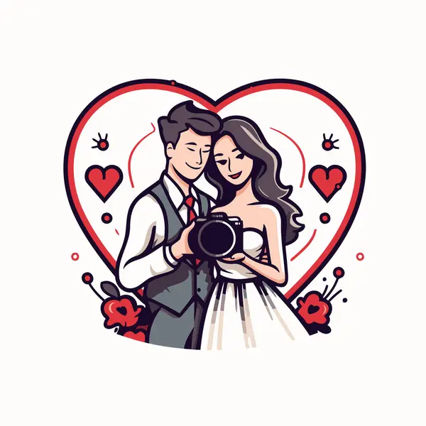 Γάμος Ζευγάρι Κάμερα Σχήμα Καρδιάς Εικονογράφηση Διανύσματος — Διανυσματικό Αρχείο