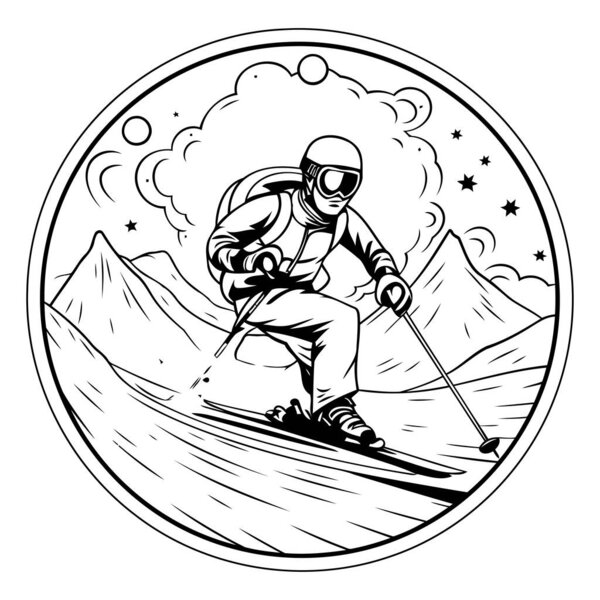 Векторная иллюстрация лыжника на склоне горы в круге.