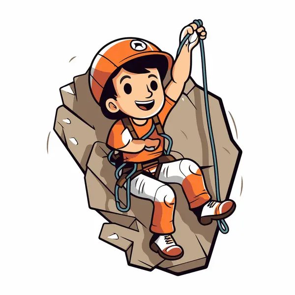 Illustration Boy Climbing Cliff Orange Helmet — Stock Vector