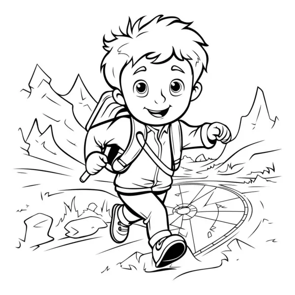 Chłopak Spacerujący Plecakiem Kolorowanki Dla Dzieci Ilustracja Wektora — Wektor stockowy