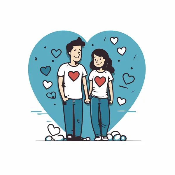 Couple Amoureux Des Cœurs Illustration Vectorielle Ligne — Image vectorielle