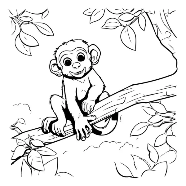 Monkey Sitting Tree Branch Vector Illustration Coloring Book — Stock Vector