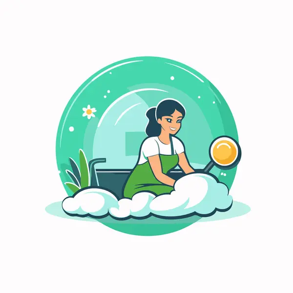 Young Woman Magnifying Glass Sitting Bathroom Vector Illustration — Stock Vector