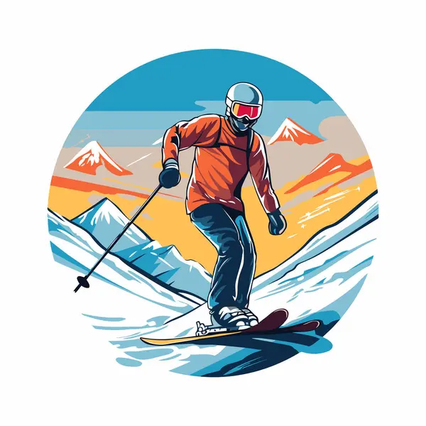 Skiing Man Skier Mountains Vector Illustration — Stock Vector