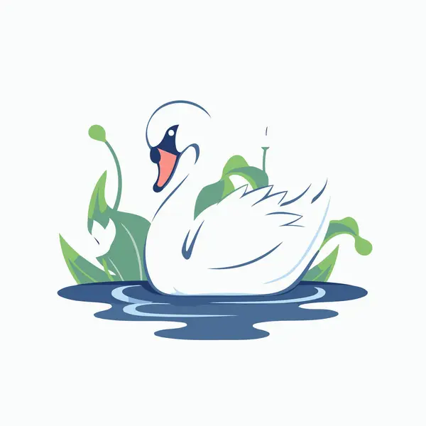 Vektorillustration Eines Weißen Schwans Der Einem Teich Mit Blättern Schwimmt — Stockvektor