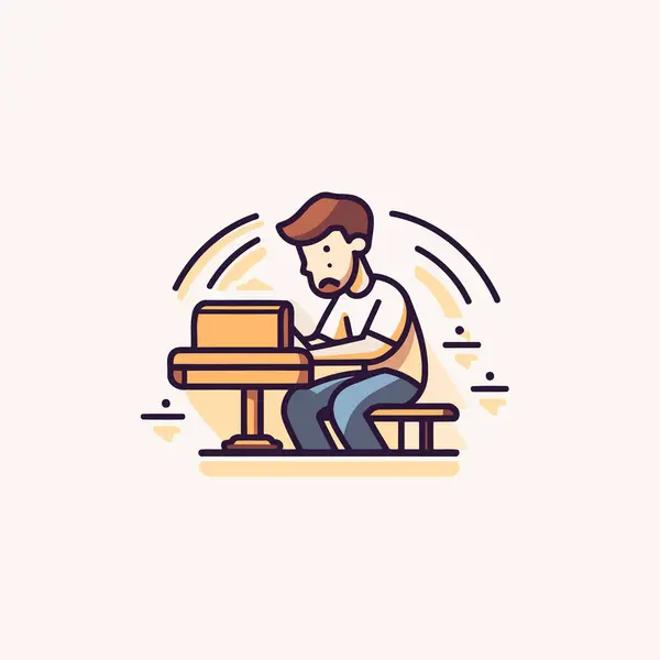 男人坐在长椅上弹钢琴 直线艺术风格的矢量插图 — 图库矢量图片
