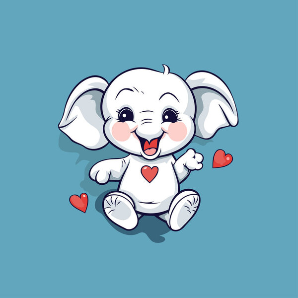 Cute white elephant with hearts on blue background. Vector illustration.