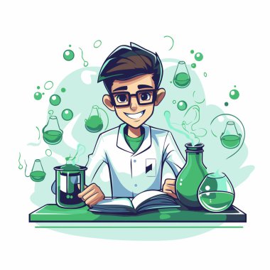 Elinde kitap olan genç bir bilim adamının vektör çizimi..