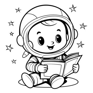Siyah-beyaz vektör çizimi kitabı okuyan sevimli astronot çocuk.