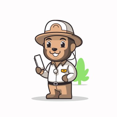 Şapka takan ve tablet vektör çizimi tutan sevimli arı yetiştiricisi karakteri.