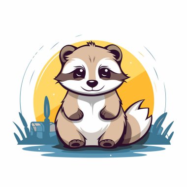 Çimlerin üzerinde oturan sevimli çizgi film rakunu. Vektör illüstrasyonu.