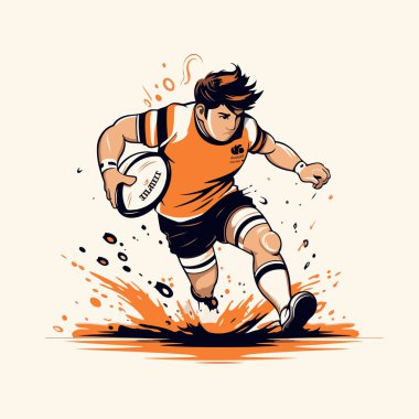 Rugby oyuncusu topla iş başında. Retro biçiminde vektör illüstrasyonu.