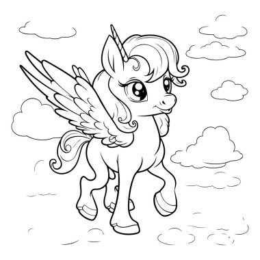 Siyah ve Beyaz Tek Boynuzlu At Çizgi Filmi Boyama Kitabı için Fantezi Hayvanı