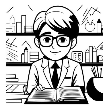Kütüphanede kitap okuyan genç bir adam. Siyah ve beyaz vektör çizimi.