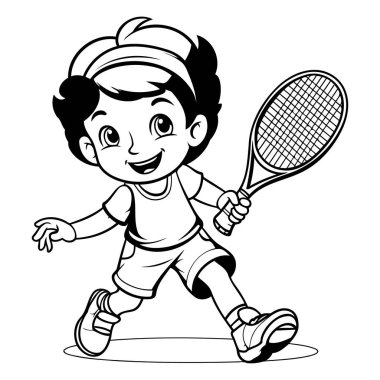 Tenis oynayan küçük çocuk - Siyah ve beyaz çizgi film illüstrasyonu. Vektör