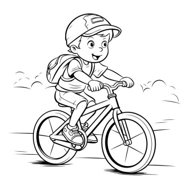 Bisiklet süren çocuk - boyama kitabı için siyah-beyaz vektör çizimi