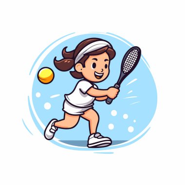 Tenis oynayan çizgi film kızı beyaz arka planda izole edilmiş. Vektör illüstrasyonu.