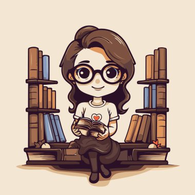 Kitaplıkta kitap okuyan sevimli küçük bir kız. Vektör illüstrasyonu.