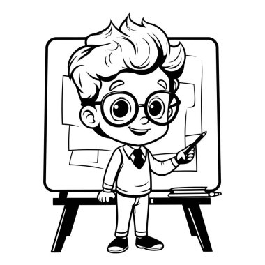 Siyah ve Beyaz Çizgi Film Çizimi Kara Tahtaya Çizen Yakışıklı Çocuk veya Renklendirme Kitabı Chalkboard