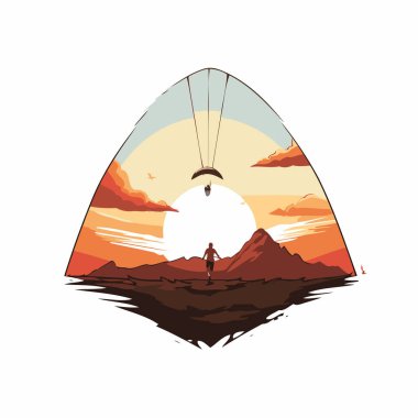 Gün batımında dağlarda paraglider. Vektör illüstrasyonu.