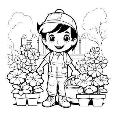 Çiçek ve bitki yetiştiren bahçıvan çocuk çizgi film vektör çizimi grafik tasarımı