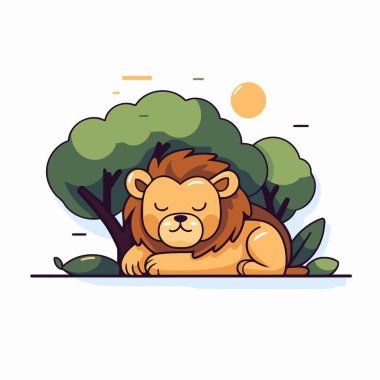 Ormanda yerde yatan sevimli çizgi film aslanı. Vektör illüstrasyonu.